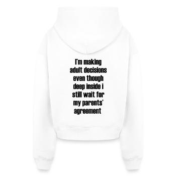 Inscription sur la vie ironique et drôle - Sweat à capuche cropped oversize femme SPREAD - blanc - Dos - AI Model Female 172 light (172cm)