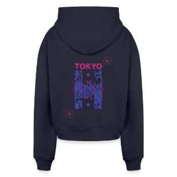 Tokyo Neon Kitsune-Design - Cropped Oversized Heavyweight Frauen Hoodie - Navy - Hinten - AI Model Female 172 light (172cm)