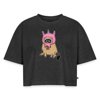 Pugicorn Mops Möpse Einhorn Einhörner Hund Hunde - Frauen Premium Oversized Bio Cropped T-Shirt - Anthrazit meliert - Vorne - Selfina (174cm)