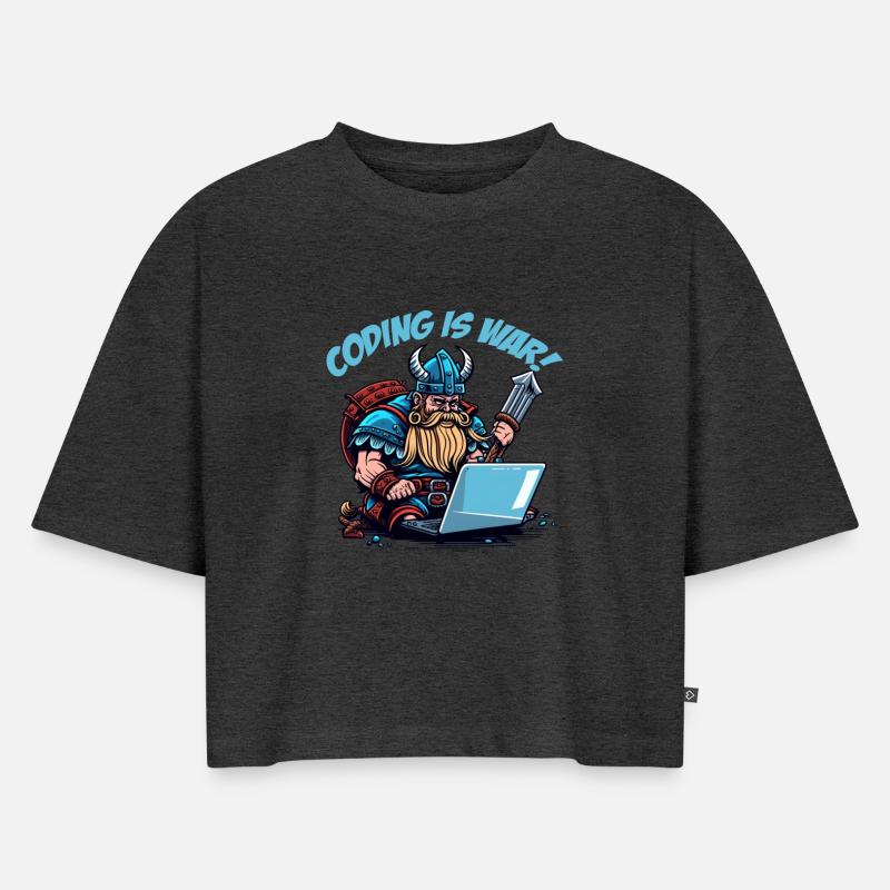 "Coding is war" Wikinger - Frauen Premium Oversized Bio Cropped T-Shirt - Anthrazit meliert