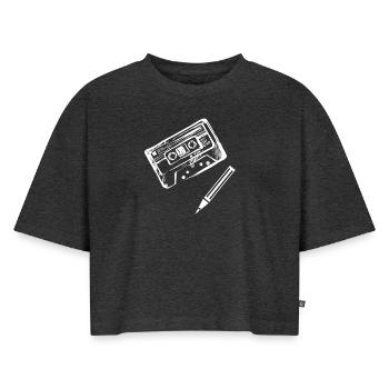 old school - Frauen Premium Oversized Bio Cropped T-Shirt - Anthrazit meliert - Vorne - Selfina (174cm)