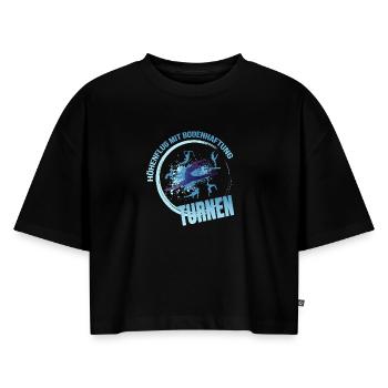 Höhenflug mit Bodenhaftung - Turnen - Frauen Premium Oversized Bio Cropped T-Shirt - Schwarz - Vorne - Selfina (174cm)
