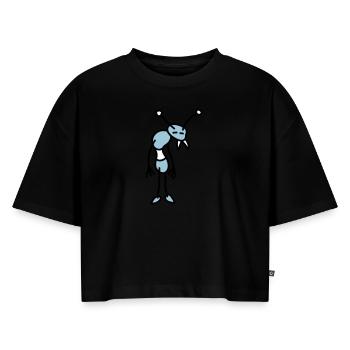 sad_bug_3c - Frauen Premium Oversized Bio Cropped T-Shirt - Schwarz - Vorne - Selfina (174cm)