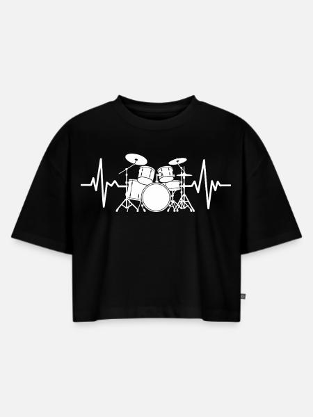 Herzschlag Drumset Muster - Frauen Premium Oversized Bio Cropped T-Shirt - Schwarz