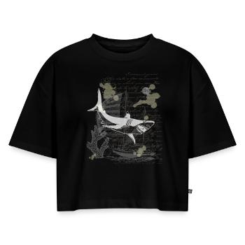 Vintage Steampunk Hai Shirt - Frauen Premium Oversized Bio Cropped T-Shirt - Schwarz - Vorne - Selfina (174cm)