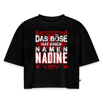 NADINE - böse - Frauen Premium Oversized Bio Cropped T-Shirt - Schwarz - Vorne - Selfina (174cm)