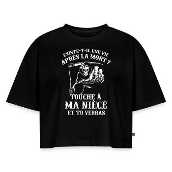 T-shirt Tante / Oncle - Touche à ma Nièce - Crop top Premium bio Oversize Femme - noir - Devant - Selfina (174cm)