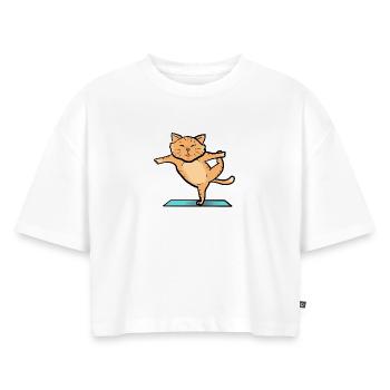 Katt i sport - Ekologisk oversized croppad premium-T-shirt dam - vit - Fram - Selfina (174cm)