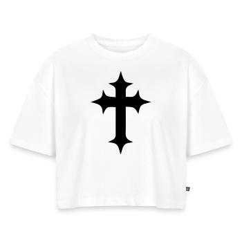 cross - Frauen Premium Oversized Bio Cropped T-Shirt - Weiß - Vorne - Selfina (174cm)