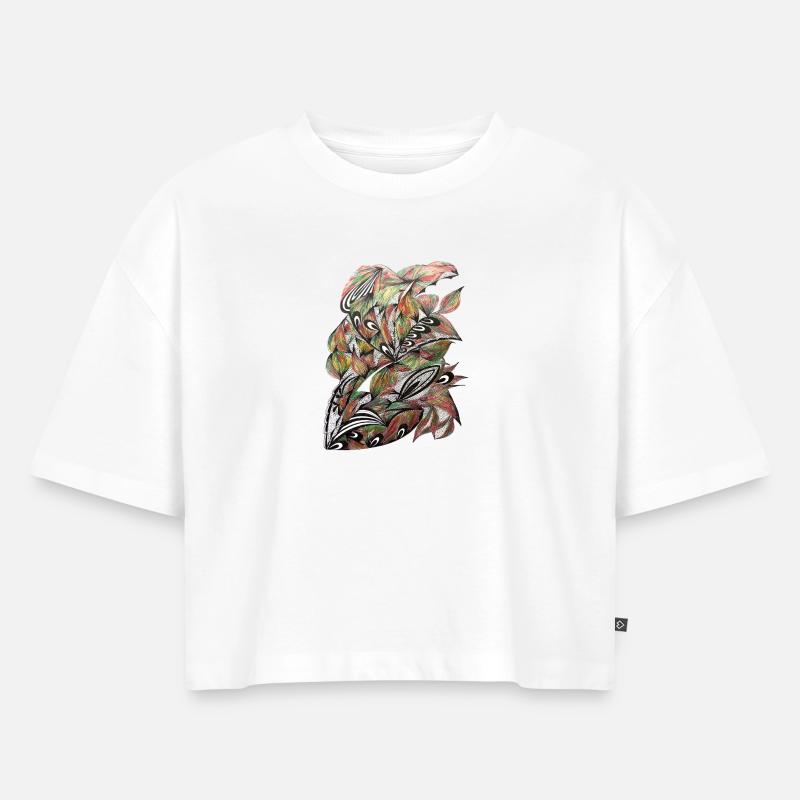 Vibrant Leaf Peacock Pattern - Women’s Premium Oversized Organic Cropped T-Shirt - white