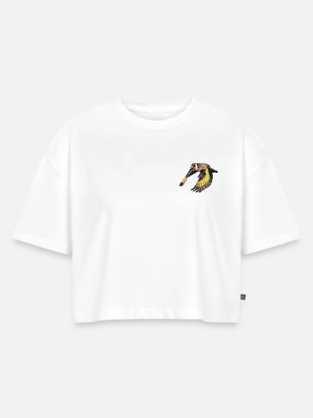 Stieglitz im Flug - Frauen Premium Oversized Bio Cropped T-Shirt - Weiß