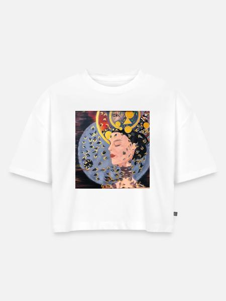 Die goldene Träumerin - Modernes Porträt - Frauen Premium Oversized Bio Cropped T-Shirt - Weiß
