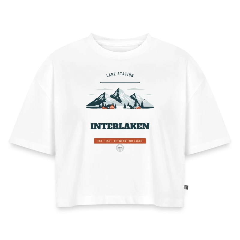 Interlaken badge on a women’s premium oversized organic cropped t-shirt