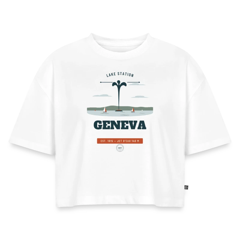 Geneva badge on a women’s premium oversized organic cropped t-shirt