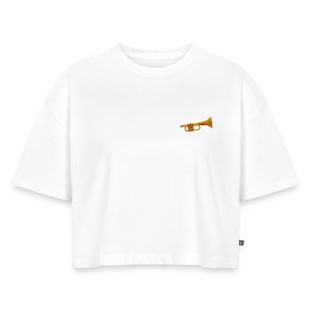 Trompete - Frauen Premium Oversized Bio Cropped T-Shirt - Weiß - Vorne - Selfina (174cm)
