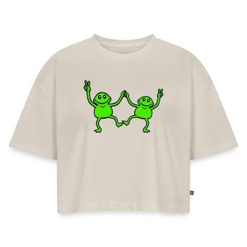 2 Frösche tanzen Peace Zeichen Victory Hand Team - Frauen Premium Oversized Bio Cropped T-Shirt - Beige - Vorne - AI Model Female 172 light (172cm)