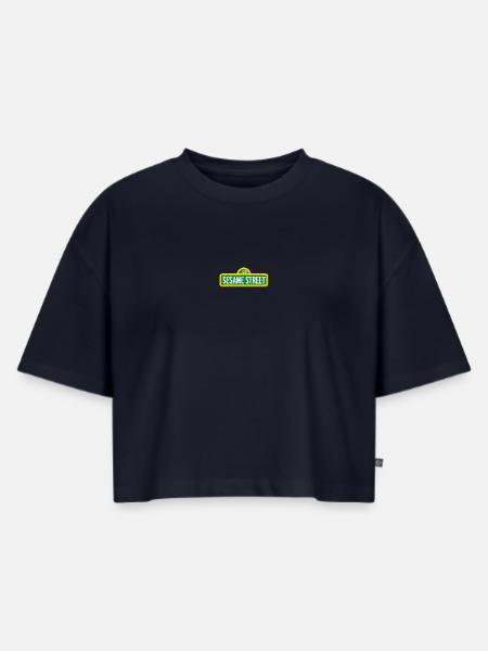 Sesamstraße Logo Als Stick - Frauen Premium Oversized Bio Cropped T-Shirt - Navy