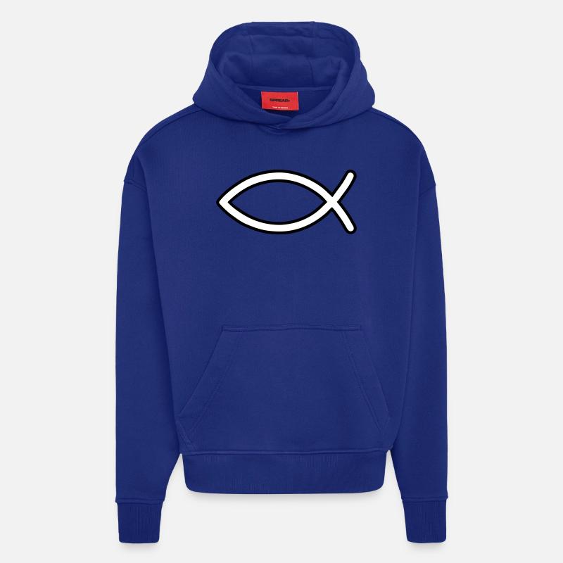 Symbole du poisson de Jésus - Sweat à capuche bio épais oversize fabriqué en UE - Iconic Blue