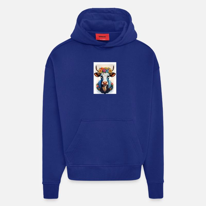 Vache avec couronne de fleurs - Sweat à capuche bio épais oversize fabriqué en UE - Iconic Blue