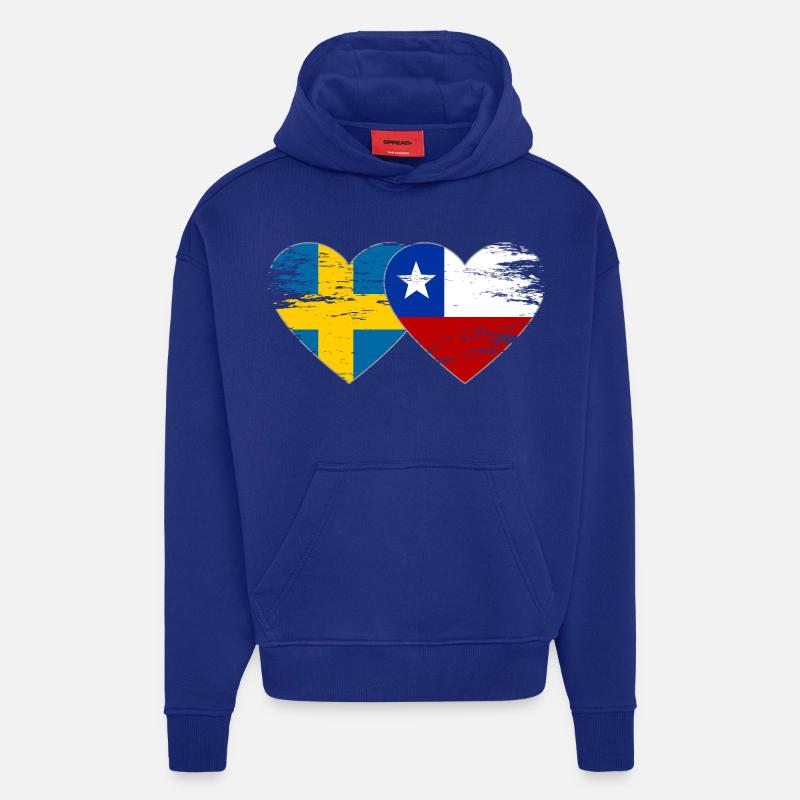 Suède Chili drapeau coeur utilisé - Sweat à capuche bio épais oversize fabriqué en UE - Iconic Blue