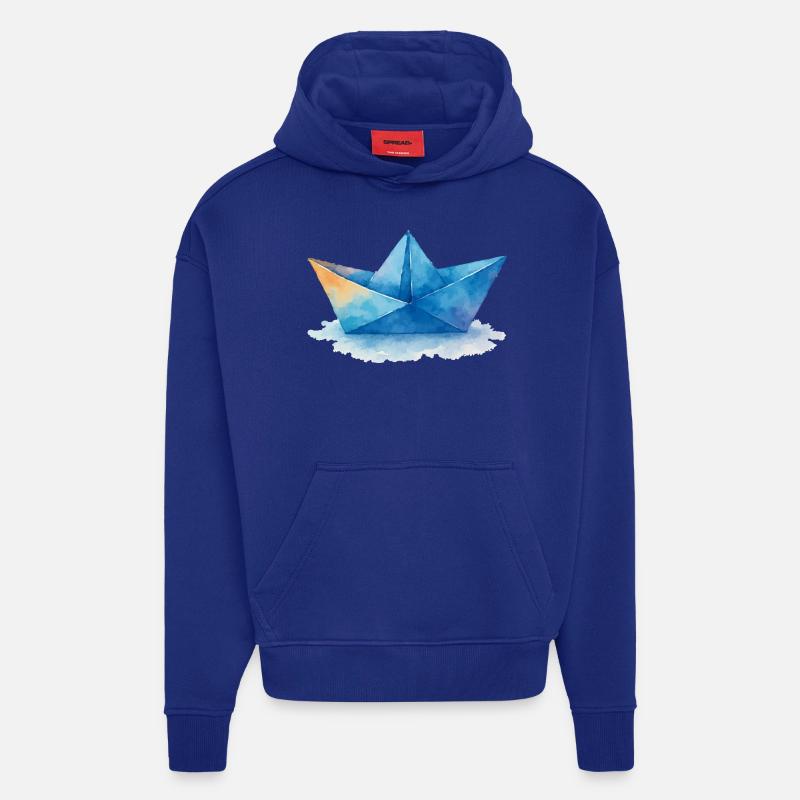 Bateau en papier Aquarelle - Sweat à capuche bio épais oversize fabriqué en UE - Iconic Blue