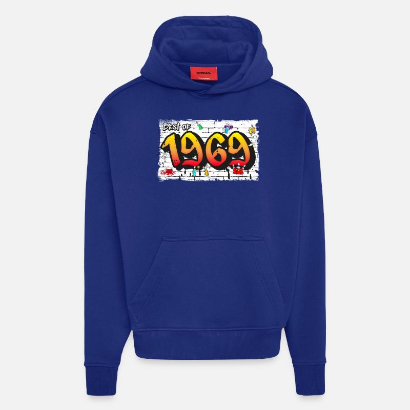 Retro vibes 1969 Graffiti – 56 ans d’audace - Sweat à capuche bio épais oversize fabriqué en UE - Iconic Blue