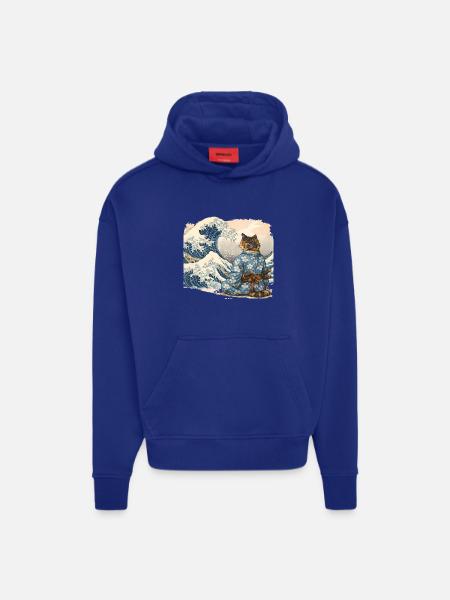Samurai Cat Wave Japanese Ukiyo-e Style - Hoodie- made by SPREAD - Iconic Blue