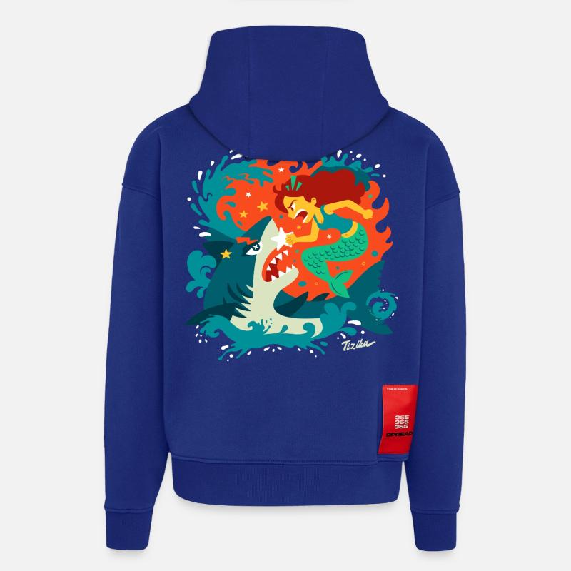 Sirène versus Requin - Sweat à capuche bio épais oversize fabriqué en UE - Iconic Blue