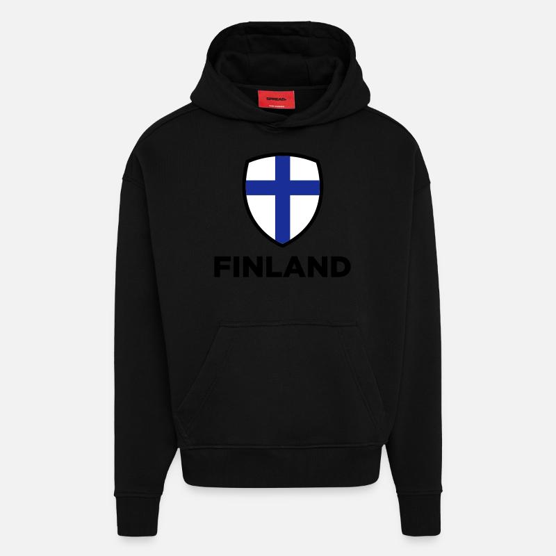 Drapeau national de la Finlande - Sweat à capuche bio épais oversize fabriqué en UE - SOLID BLACK