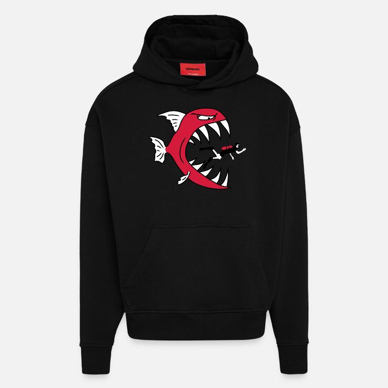 Monster Fish Eats Diver - Hoodie- made by SPREAD  - SOLID BLACK