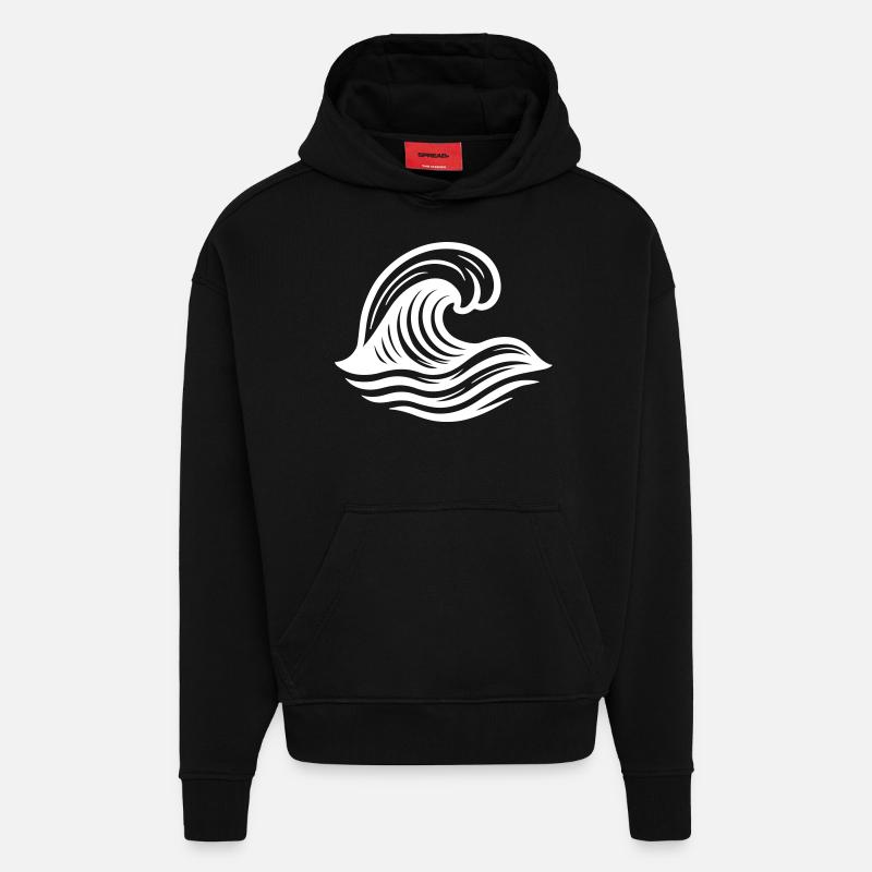 Symbole de vague Océan - Sweat à capuche bio épais oversize fabriqué en UE - SOLID BLACK