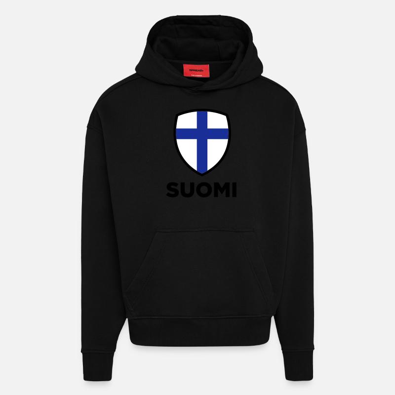 Drapeau national de la Finlande - Sweat à capuche bio épais oversize fabriqué en UE - SOLID BLACK