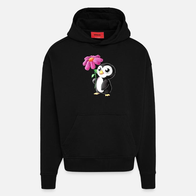 Pingouin de dessin animé mignon - Sweat à capuche bio épais oversize fabriqué en UE - SOLID BLACK
