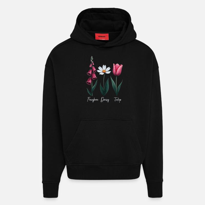 Foxglove Daisy Tulip Floral - Sweat à capuche bio épais oversize fabriqué en UE - SOLID BLACK