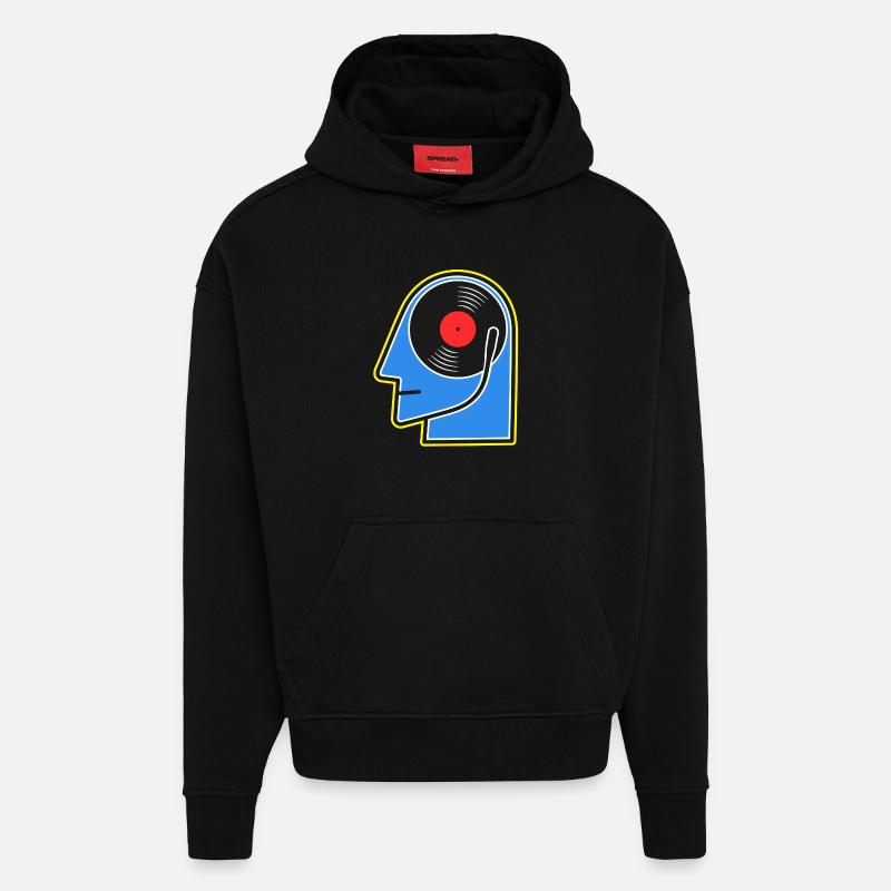 DJ Head de l’album vinyle bleu - Sweat à capuche bio épais oversize fabriqué en UE - SOLID BLACK