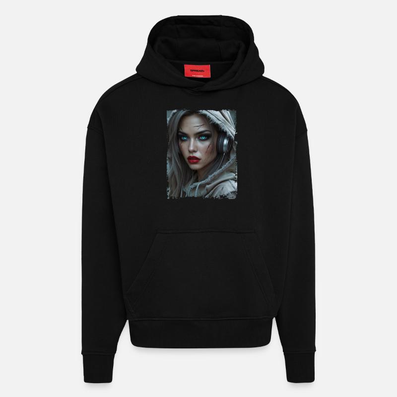Femme post-apocalyptique avec casque - Sweat à capuche bio épais oversize fabriqué en UE - SOLID BLACK
