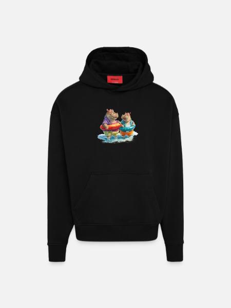Hippos am Strand mit Schwimmreifen - Hoodie- made by SPREAD  - SOLID BLACK