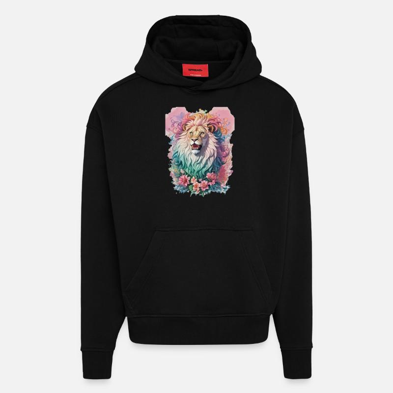 Aquarelle Lion - Sweat à capuche bio épais oversize fabriqué en UE - SOLID BLACK