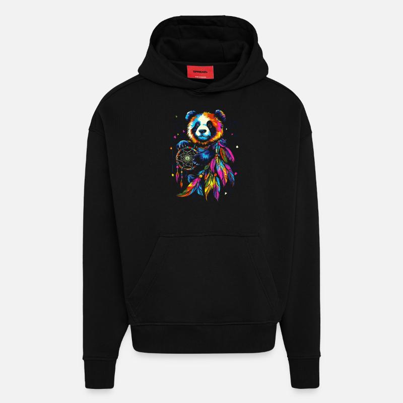 Panda avec attrape-rêves - Sweat à capuche bio épais oversize fabriqué en UE - SOLID BLACK