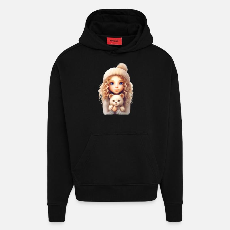 Fille avec chat - Sweat à capuche bio épais oversize fabriqué en UE - SOLID BLACK