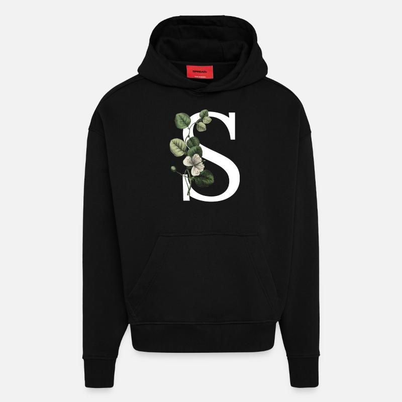 lettre S botanique vert - Sweat à capuche bio épais oversize fabriqué en UE - SOLID BLACK