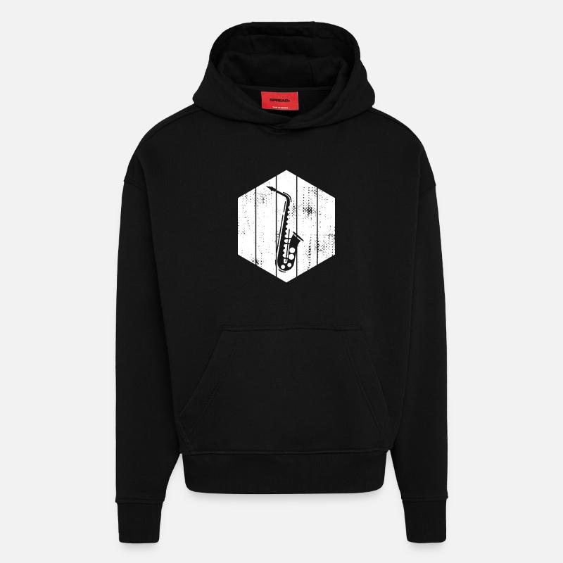 Dessin de saxophone - Sweat à capuche bio épais oversize fabriqué en UE - SOLID BLACK