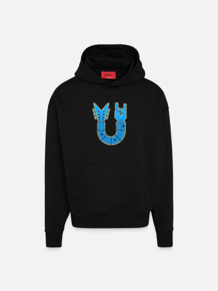 Blue U-Shape Guitar with Rock Hand - Hoodie- made by SPREAD  - SOLID BLACK