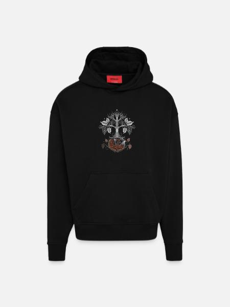 Schlafender Fuchs unter Lebensbaum - Herbstnacht - Hoodie- made by SPREAD - SOLID BLACK