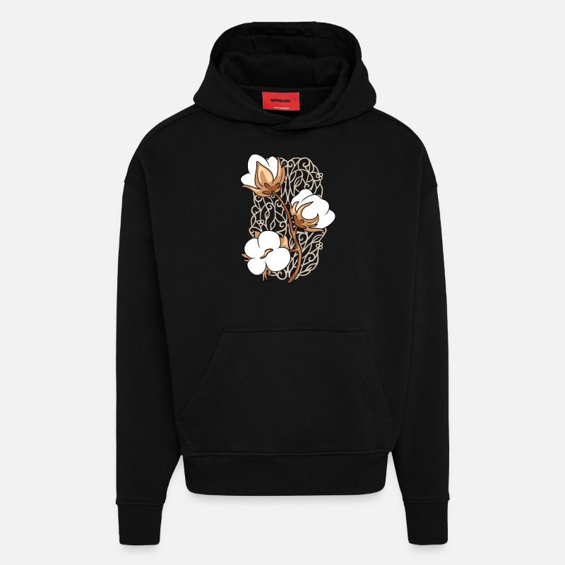 Ornamentelement mit blühendem Baumwollzweig - Hoodie- made by SPREAD - SOLID BLACK