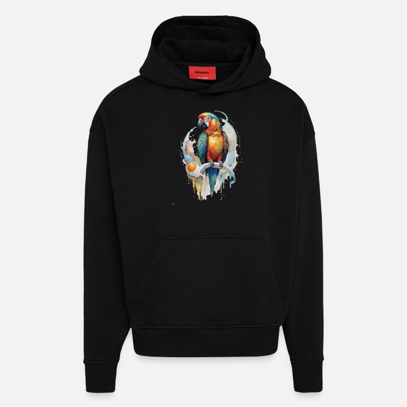 Perroquet Aquarelle - Sweat à capuche bio épais oversize fabriqué en UE - SOLID BLACK