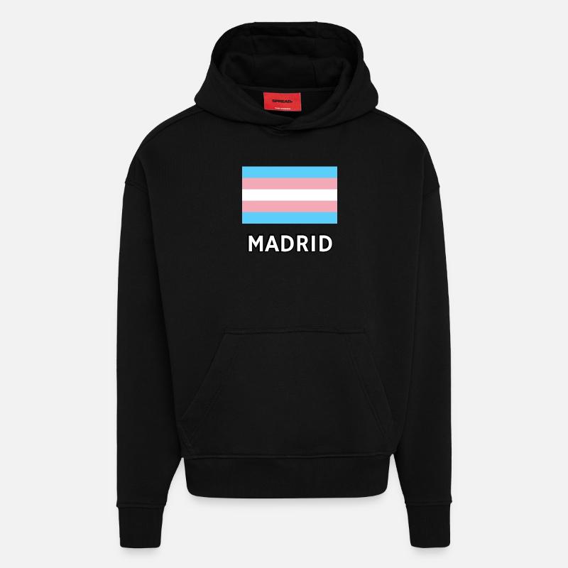 Drapeau Trans Pride Madrid - Sweat à capuche bio épais oversize fabriqué en UE - SOLID BLACK