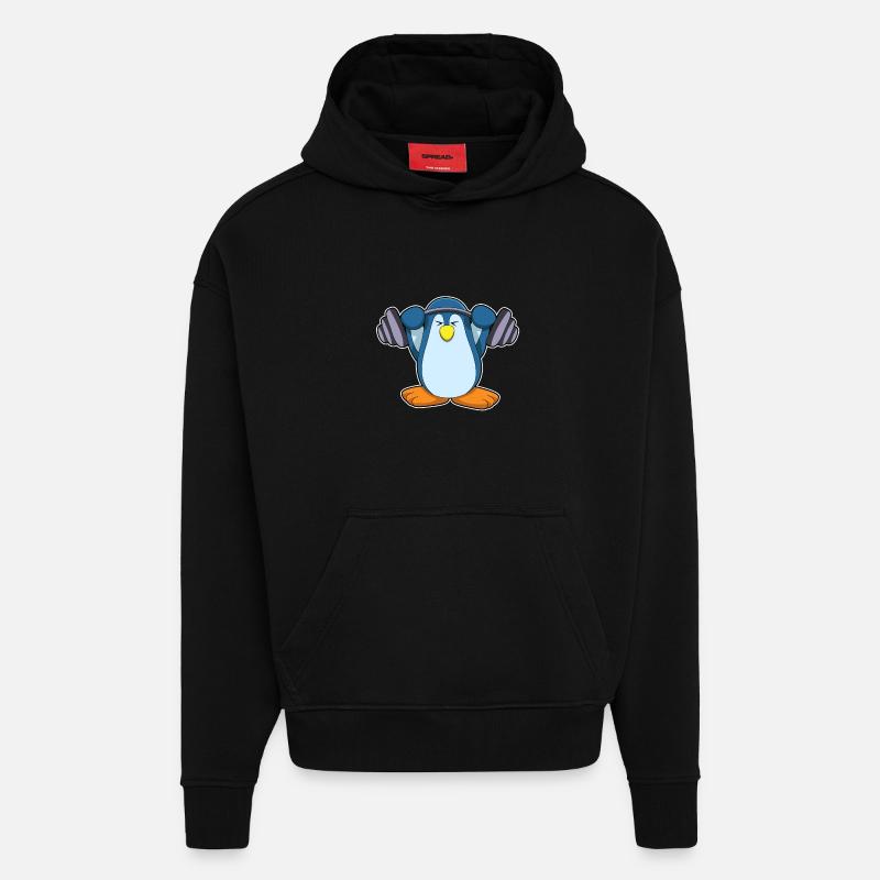 Penguin Bodybuilder Barbell Musculation - Sweat à capuche bio épais oversize fabriqué en UE - SOLID BLACK
