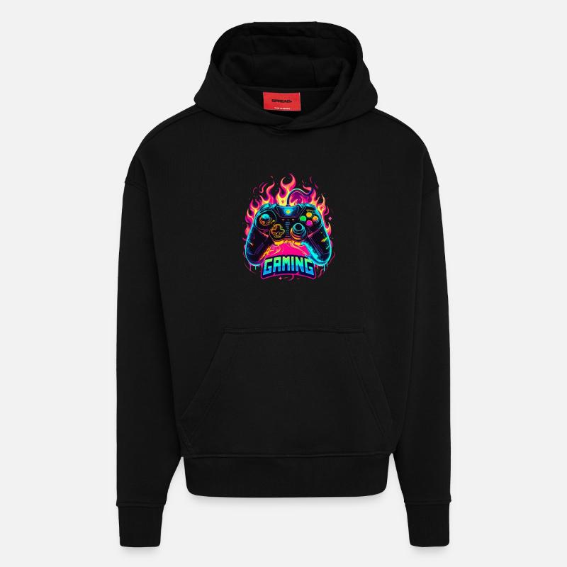 Manette de jeu Flames Art - Sweat à capuche bio épais oversize fabriqué en UE - SOLID BLACK