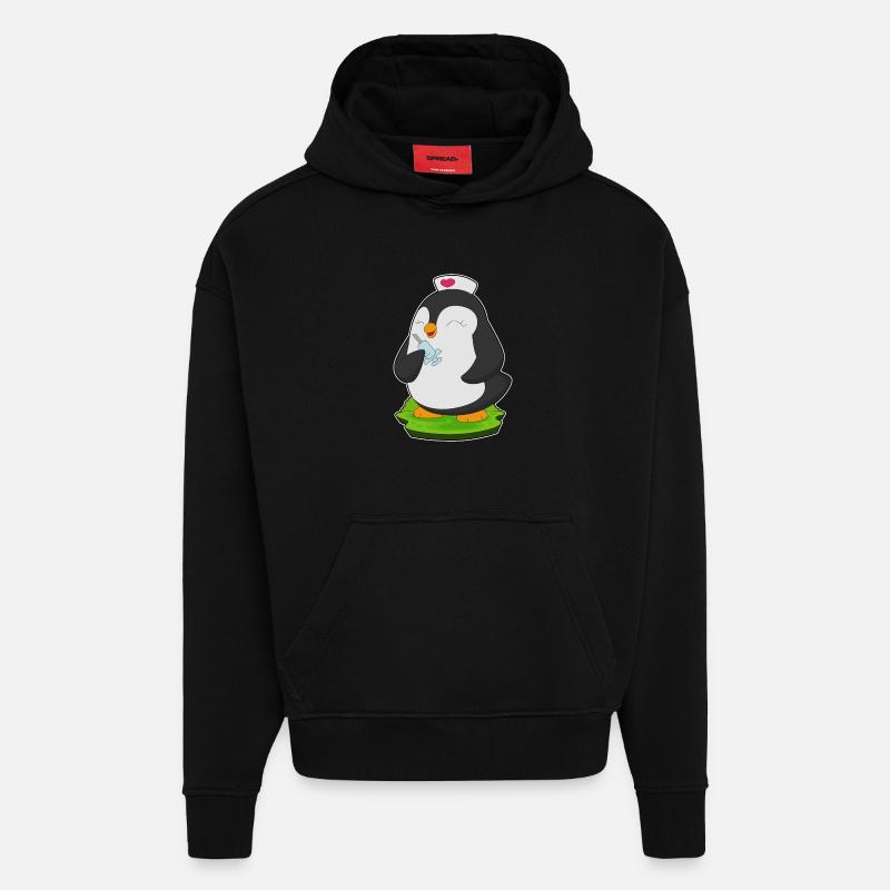 Seringue d’infirmière pingouin - Sweat à capuche bio épais oversize fabriqué en UE - SOLID BLACK